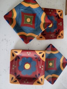 Home Studio Baja Collection Square Appetizer Plates Ceramic Set of 4 Multicolor
